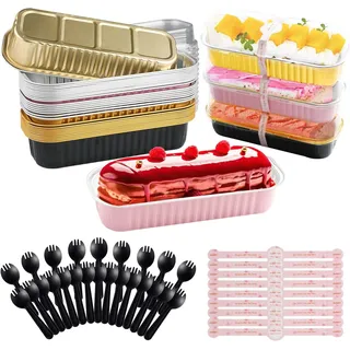 Jogoico Mini Kuchenform mit Deckel & Löffel, 30 Stk. Mini Kastenform Kuchen Aluminiumfolie Muffinförmchen 200ml Rechteckige Backformen Aluminium Cupcake Behälter für Brot Kuchen Dessert - 3 Farbe