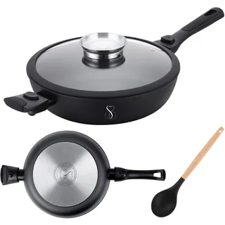 Stone&Stone Tiefe Pfanne 28 cm (7,5 cm hoch) | Hochrandpfanne Induktionspfanne | Deutsche GREBLON C3+ Antihaftbeschichtung PFOA-frei | Edelstahlboden | Abnehmbare Griffe, Backofengeeignet | Glasdeckel