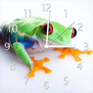Wallario Design Wanduhr Lustiger Frosch in grün und orange aus Echtglas, Größe 30 x 30 cm - Weiß