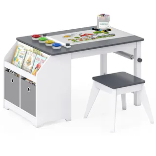 FANTASK Kinder Tisch Stuhl Set Grau Maltisch mit Stauraum | Kindersitzgruppe mit Tisch, Stuhl, Papierrollenhalter, 4 Farbbechern und 2 Stoffkörben, Maltisch für Kinderzimmer aus Holz