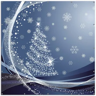 Wallario XXL Outdoor-Poster für Garten oder Balkon, Motiv Glitzernder Tannenbaum mit Schneeflocken, in ca. 200 x 200 cm - Blau