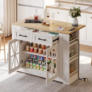 Flieks Servierwagen mit klappbarer Arbeitsplatte, Küchenwagen mit AC-Anschluss und USB-Anschluss, Küchenschrank mit Glastüren, weiß - Weiß