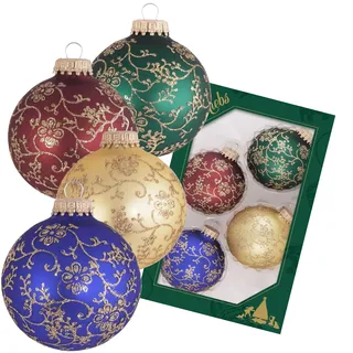 Krebs Glas Lauscha Weihnachtsdekoration/Christbaumschmuck aus Glas - Weihnachtskugeln - Motiv: Rot/Grün/Blau/Gold Blume - 4 Stück - Größe: ca. 7 cm