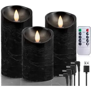AiiBowy LED Kerzen Aufladbar Echtwachs 3er-Set mit timerfunktion, Flackernde Flamme, LED Kerzen Adventskranz, LED Stumpenkerzen Outdoor für Halloween Weihnachten Party Dekoration Schwarz