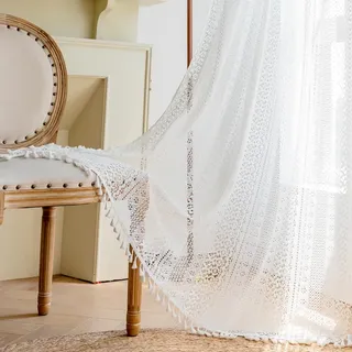 EUBSWA Makramee Vorhang Boho Deko - 2er Boheme Vorhänge mit Fransen, Baumwolle Linen Gardinen für Wohnzimmer und Schlafzimmer