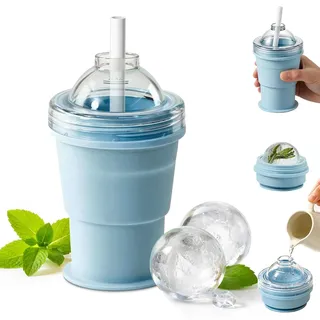 LIZANQU Faltbarer Eishockeybecher, Eiswürfelform Kugel Silikon mit Strohhalm, Silikon Eiskugelform Tasse, Tragbarer Reisebecher mit Strohhalm, für Kaffee, Zuhause und unterwegs (Blue)