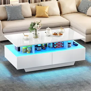 YITAHOME Couchtisch Weiß, Wohnzimmertisch Hochglanz mit 16-Farbiger LED Beleuchtung Modern, Beistelltisch Weiss mit Offenem Ausstellungsregal und 4 Ausziehbaren Schubladen 90x55x41,1 cm ﻿