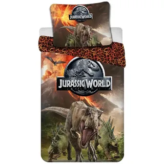 Jurassic World Dinosaurier Kinder-Bettwäsche 140x200 + Kissenbezug 70x90 | T-Rex Dino Wendemotiv Reißverschluss weich pflegeleicht Oeko-Tex 100 Mikrofaser Offizielle Lizenz Jungen Mädchen
