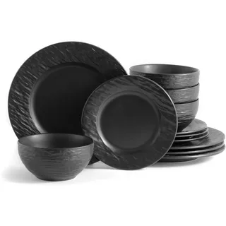 Echtwerk Tafelservice 12-teilig "New Modern", für 4 Personen, Schiefer-Optik, aus Steingut, 4 Speiseteller, 4 Beilagenteller, 4 Schüsseln, Black
