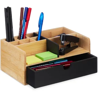 Relaxdays Schreibtisch Organizer, 1 Schublade, 9 Fächer, Bambus, HxBxT: 10 x 25 x 15,5 cm, Büroorganizer, Natur/schwarz