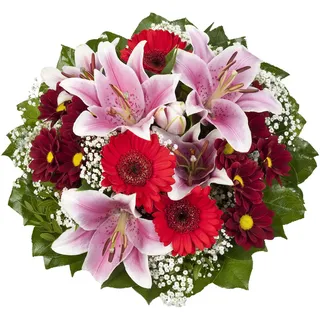 Dominik Blumen und Pflanzen, Blumenstrauß "Charlotte" mit rosa Lilien, Chrysantheme, Gerbera und Schleierkraut