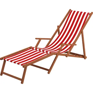 Liegestuhl rot-weiß Gartenliege Sonnenliege Deckchair Buche Fußteil Kissen klappbar 10-314FKH - Rot, Weiß