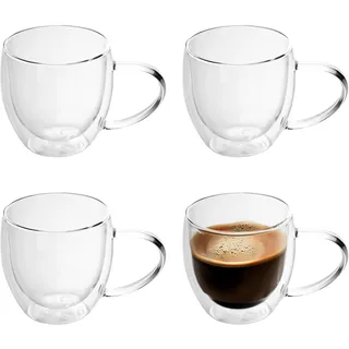 Intirilife 4x Doppelwandige Thermo Gläser Set -200-250ml- Mundgeblasen isoliert für Espresso Cappuccino, Teegläser Kaffeegläser Latte Macchiato, Tassen, Schwebeeffekt mit Henkel