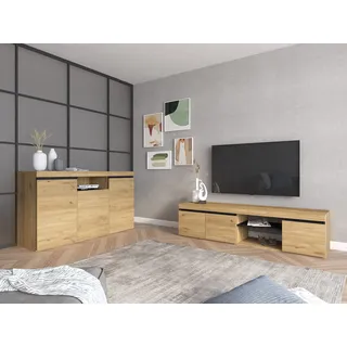 Skraut Home - Set Naturale Wohnzimmer Esszimmer, Beistellmöbel, Buffet-TV-Schrank 160cm Eiche schwarz nordische