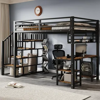 Hochbett mit Schreibtisch 120x200cm – Hochbett aus Eisen, Treppe mit Handläufen, Aufbewahrungsregal, stabile Lattenroste, Schwarz+dunkel - Schwarz