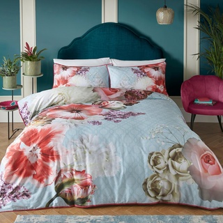 Laurence Llewelyn-Bowen Mayfair Lady Bettbezug mit königlichem Blumenmuster, King-Size-Größe (230 x 220 cm), weiche 100% Baumwolle, 2 Kissenbezüge, luxuriöses Bettwäsche-Set mit Blumen, blaues