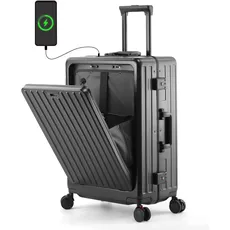 CAARANY 50,8 cm Aluminiumrahmen Koffer mit Frontfach, Handgepäck mit USB-Anschluss, TSA-Schloss, Getränkehalter, Schwarz, 20inch, Erweiterbares Hartschalengepäck mit Spinnrädern