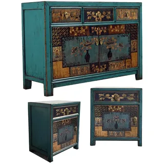 Chinesische Möbel Kombination Schlafzimmer Vintage blau Sideboard Schrank Kommode & 2 Nachttische Nachtschränke orientalisch asiatisch fernöstlich - Blau, Beige