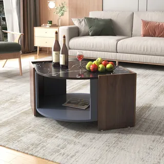 okwish Couchtisch, strukturierter Couchtisch aus Marmor und Walnuss in kontrastierenden Farben. Wohnzimmertisch mit einzigartigen Linien, 96.5*63*40 cm - Schwarz