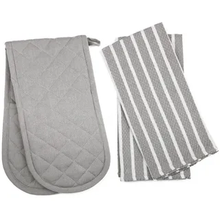Penguin Home Hitzebeständige Ofenhandschuhe mit 2er-Set, Geschirrtuch, Ofenhandschuhe, Lange Stulpen, Backhandschuhe zum Kochen, (Grau) Größe – (18 x 90 und 65 x 45 cm)