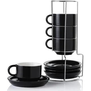 Sweejar Home Porzellan Cappuccino Tassen mit Untertassen und Metallständer, stapelbare Espressotassen für spezielle Kaffeegetränke, Latte, Americano, Tee mit Set von 4 (schwarz, 120ml)