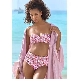 Highwaist-Bikini-Hose LASCANA "Jasmin", Damen, Gr. 34, N-Gr, bunt (rot, flieder), Microfaser, floral, Badehosen Highwaist-Bikini-Hose, im Blümchen-Druck