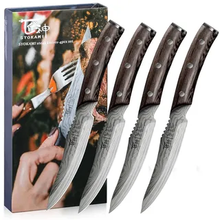 SYOKAMI Steakmesser Set 4 Teilig, 12,2cm Ugezahntes Steakmesser aus japanischem Edelstahl mit hohem Kohlenstoffgehalt und Holzgriff, Damastmuster, Full-Tang-Design, rasiermesserscharfe Tafel