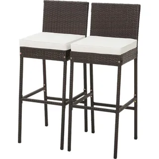 COSTWAY 2er Set Barhocker mit Sitzpolsterung & Fußstütze, Barstuhl Rattan mit stabilem Metallgestell bis 180 kg belastbar, Tresenhocker für Hinterhof, Balkon, Braun - Braun, Weiß