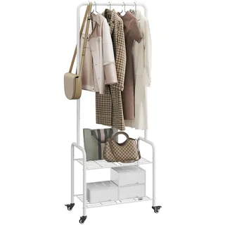 YMYNY Garderobenständer, Kleiderständer aus Metall, Freistehend Kleiderbügel Stand mit Rollen, Kleiderhalterungsständer mit 2-fach Ablagefach für Schlafzimmer 61×32×176CM Weiß HGR002W