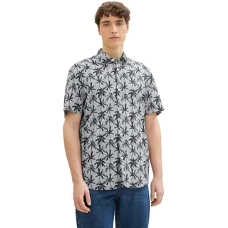 TOM TAILOR Denim Herren Relaxed Fit Kurzarm Hemd mit Palmen-Muster, 35586 - Navy Summer Palm Print, XL