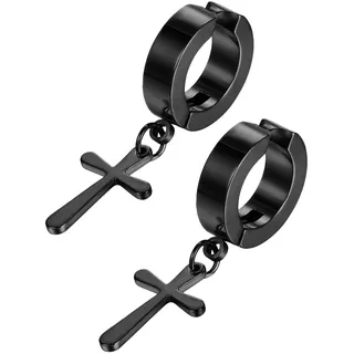 JewelryWe Schmuck Unisex Creolen Ohrringe Edelstahl Kreuz Ohrhänger ohne Loch Fake Ohrstecker Ohrclips Klappcreolen Huggie, Silber Gold Schwarz