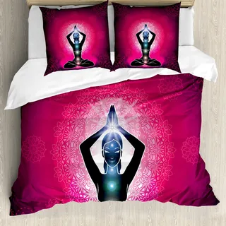 ABAKUHAUS Chakra Bettbezug, Maroon Yoga Meditation, Milbensicher Allergiker geeignet mit Kissenbezügen, 155 cm x 220 cm - 80 x 80 cm, Pink Schwarz - Rosa
