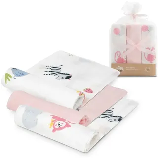 INTERBABY · Packung mit 3 Muslin Tücher aus Bambus&Baumwolle JUNGLA rosa · 55x70 cm · Saugfähig und atmungsaktiv und ideal zum Reinigen, Abwischen und Abdecken von Neugeborenen