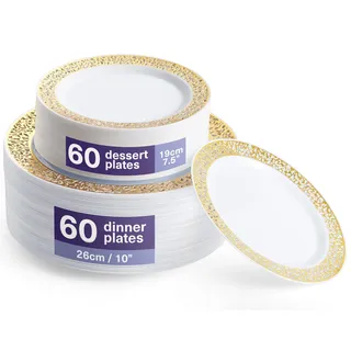 MATANA 120 Premium Weiße Plastikteller mit Goldrand, 26 & 19cm - Mehrweg Kunststoffteller, Partyteller für Hochzeiten, Geburtstage, Partys - Elegantes & Stabiles Partygeschirr