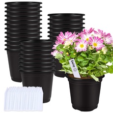 Schwarze Plastik Blumentöpfe, Augshy 50 Stück 15cm Kunststoff Pflanzentöpfe mit 50 Stück Etiketten Plastik Anzuchttöpfe für Sukkulenten Setzlinge Stecklinge Umpflanz