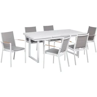 BELIANI Gartenmöbel Set 7-teilig Weiß Aluminium Ausziehtisch 180 / 240 x 90 cm Latten-Tischplatte Rechteckig mit 6 Stühlen Bespannung Grau Stapelbar - Weiß, Grau, Braun