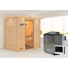 Bild Sauna Sonja mit Klarglastür und Kranz Ofen 9 kW Bio externe Strg modern, beige
