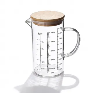 Zliger Präzisionskalibrierter Messbecher aus Glas, hitzebeständiger Messbecher aus Borosilikatglas, Glasbehälter mit Bambusdeckel, ideal zum Backen, Kochen und Mischen (500 ml)