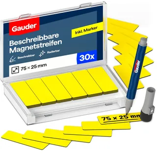 GAUDER Magnetetiketten beschreibbar - Wiederverwendbare Magnetschilder zum Beschriften für Whiteboard, Tafel, Kanban-Board und Kühlschrank - Magnetkarten mit Marker (30 Stück - 75 x 25 mm)