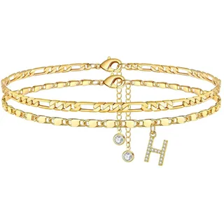 TINGN Fußkettchen für Damen, Gold Fussketten für Frauen Fußkettchen mit CZ Buchstaben H Figarokette Doppelte Fußketten Verstellbar 21+5 Cm Frau Mädchen Tochter Freundin Sommer Geschenk