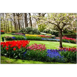 Wallario Outdoor-Poster für Garten oder Balkon, Motiv Bunte Blumen und Kirsch-Baum im Park blühen im Frühling, in ca. 61 x 91,50 cm - Schwarz