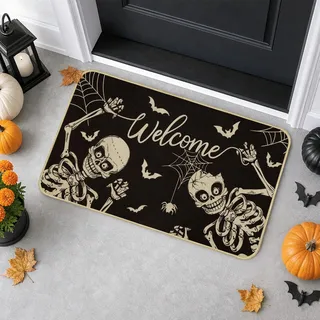 comfoyar Fußmatte Willkommen Halloween Skelett Waschbar mit Gummirücken | Rutschfest und Saugfähig, Fledermäuse Spinnennetz Schmutzfangmatte Teppich für Innen Aussen Feiertag Deko, 43x75cm, Schwarz
