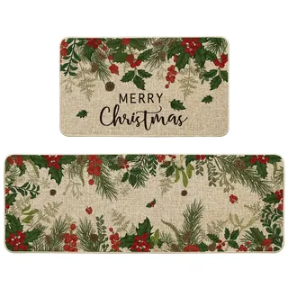 Artoid Mode Blätter Blumen Obst Weihnachten Küchenteppich 2er Set, Merry Xmas Waschbar Küchenmatten 43x73 and 43x118 cm Für Innen Außen Dekor