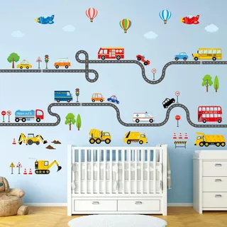 DECOWALL SG3-2308 Wandaufkleber Transporte und Straßen Wandtattoo Straße Wandsticker für Kinder Kinderzimmer Schlafzimmer Jungen Auto Fahrzeuge