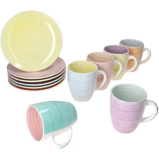 MamboCat Pastello 12tlg Frühstücksset I 6 kleine Teller & 6 Kaffeebecher aus Steingut I Bunte Pastell-Farben mit Strudel-Dekor I Geschirr-Set für 6 Personen I Frühstück, Kaffee & Dessert