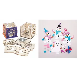 Baker Ross FE662 Zauberer Teelichthalter Bastelset aus Holz - 3er Pack & AT160 Weihnachtskugeln Mix & Match Schneemann (6 Stück) Christbaumschmuck Bastelset für Kinder, Sortiert