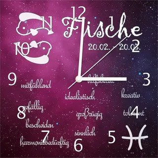 Wallario Design Wanduhr Sternzeichen Fische aus Echtglas, Größe 30 x 30 cm - Rosa