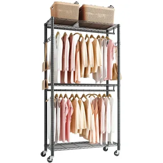 VEVOR Kleiderständer Garderobenständer auf Rollen (verstellbar) aus Karbonstahl mit 2 Kleiderstangen & 204 kg Tragkraft & 3 Regalen & 8 Haken, für Schlafzimmer Bekleidungsgeschäft Garderobe Flur
