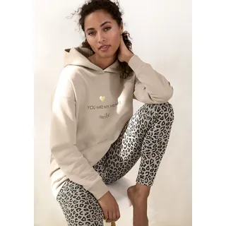 Hoodie LASCANA, Damen, Gr. 36/38, beige (sand), Sweatware, Obermaterial: 60% Baumwolle, 40% Polyester, bedruckt, unifarben, loose fit hüftbedeckend, Rippbündchen, Sweatshirts Hoodie, Lounge-/Kapuzenpullover mit Print vorne, Loungewear
