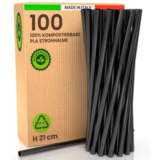 100 Trinkhalme Umweltfreundliche und 100% Kompostierbare, Wiederverwendbare Strohhalme - 21 cm x 6 mm, Made in Italy - Ideal für Getränke, Cocktails, Veranstaltungen und Partys - Farbe Schwarz